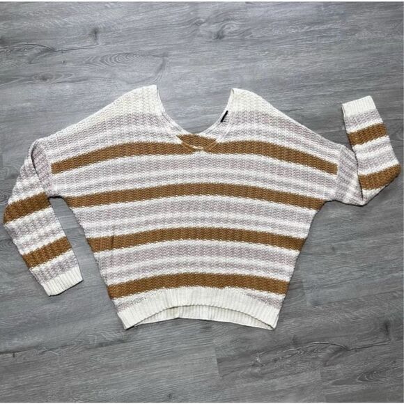 Cozy Striped Women’s V-Neck Sweater Cream Brown Lavender - Picture 12 of 13